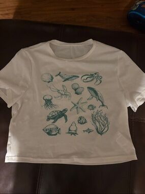 SHEIN White Crop Top with Teal Sea Life Print